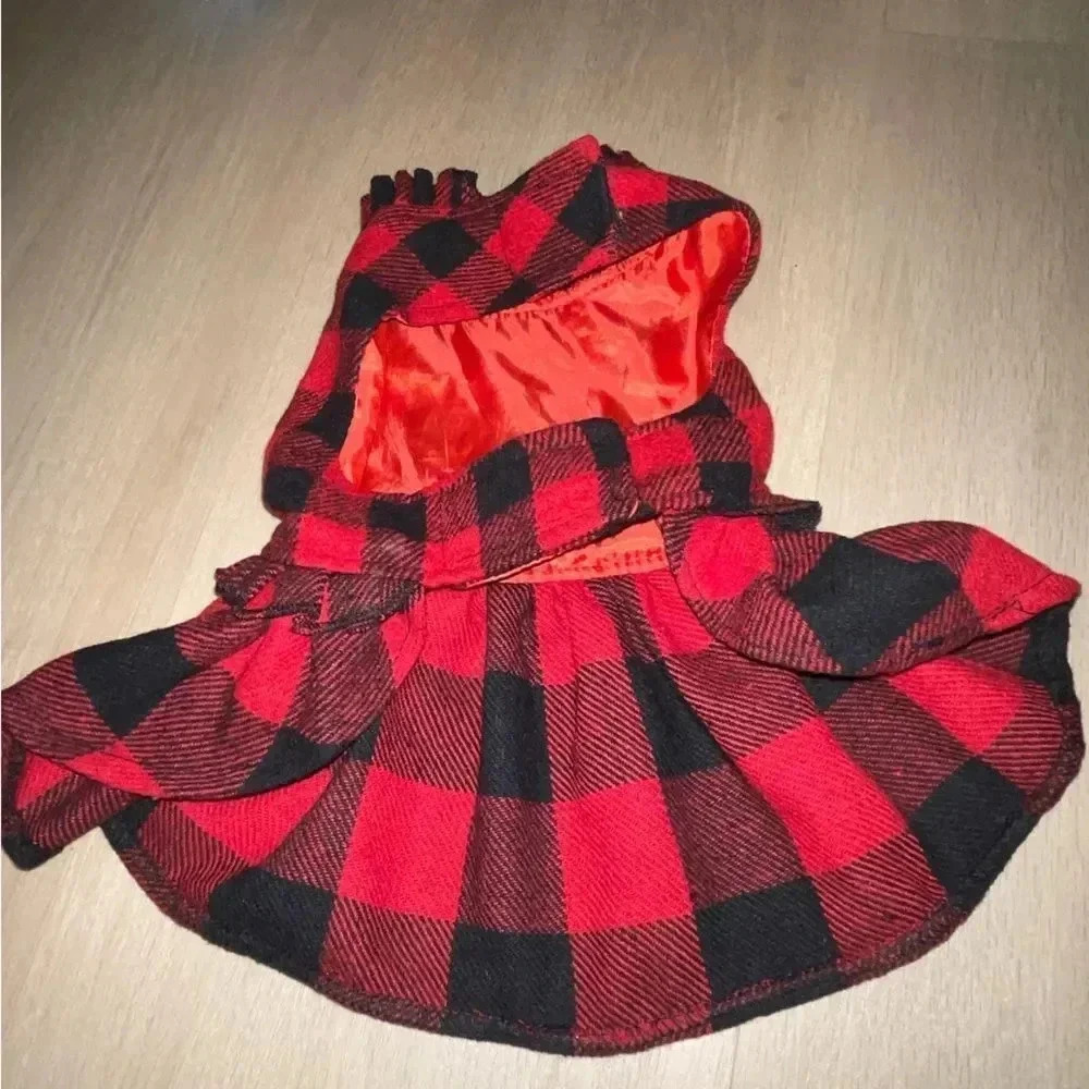 HOLIDAY DOG DRESS BUFFALO PLAID RUFFLE HEM W BIG BOW & GEMSTONE FOR SMALL DOG - Picture 4 of 12